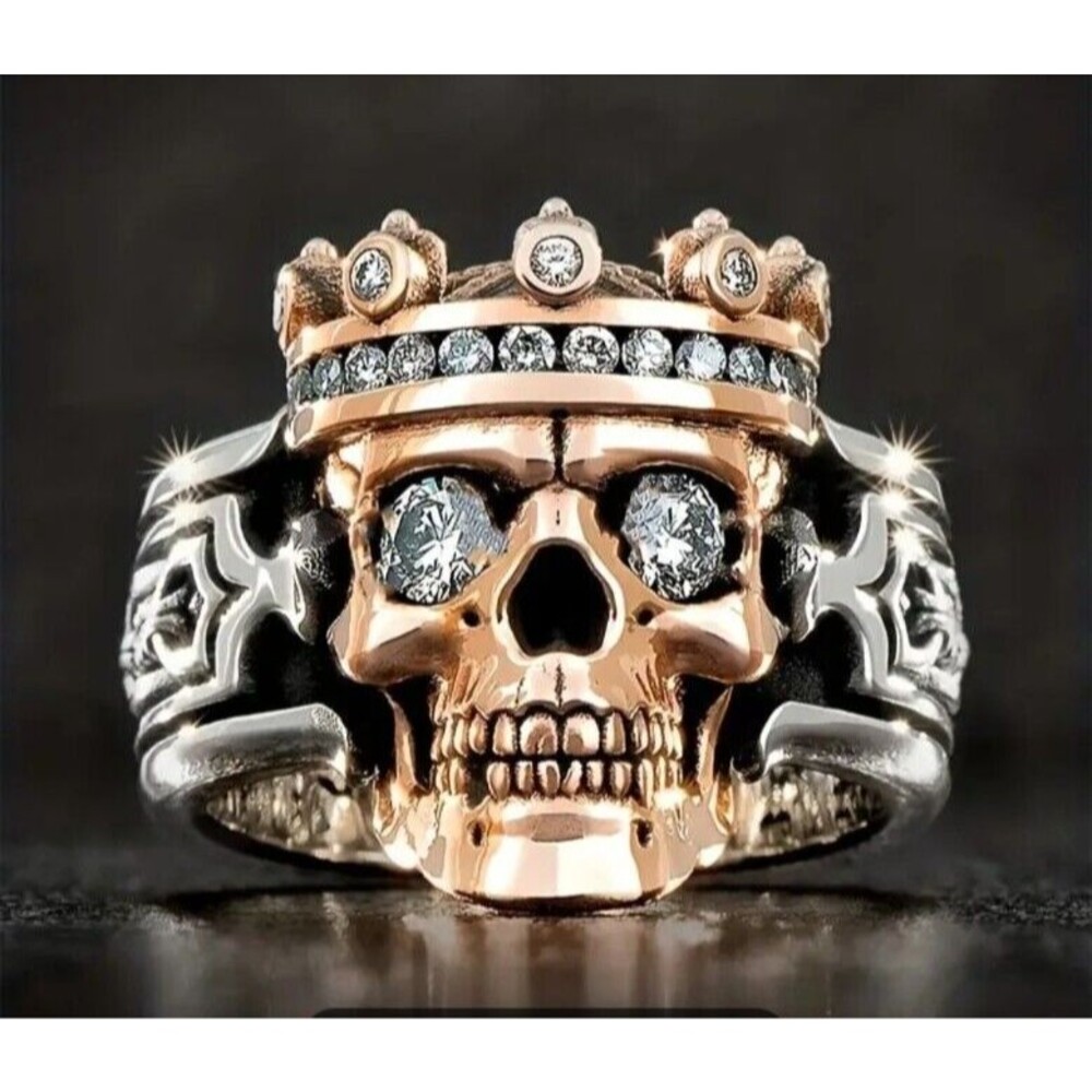 Men's Steel & Gold King SKULL Crystal Eye  Ring Size 10  Halloween Biker
